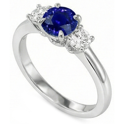 White Gold Three Stone Ceylon Sapphire Ring & Round Natural Earth Mined Diamonds 2 Carats