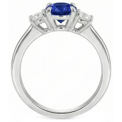 White Gold Three Stone Ceylon Sapphire Ring & Round Natural Earth Mined Diamonds 2 Carats