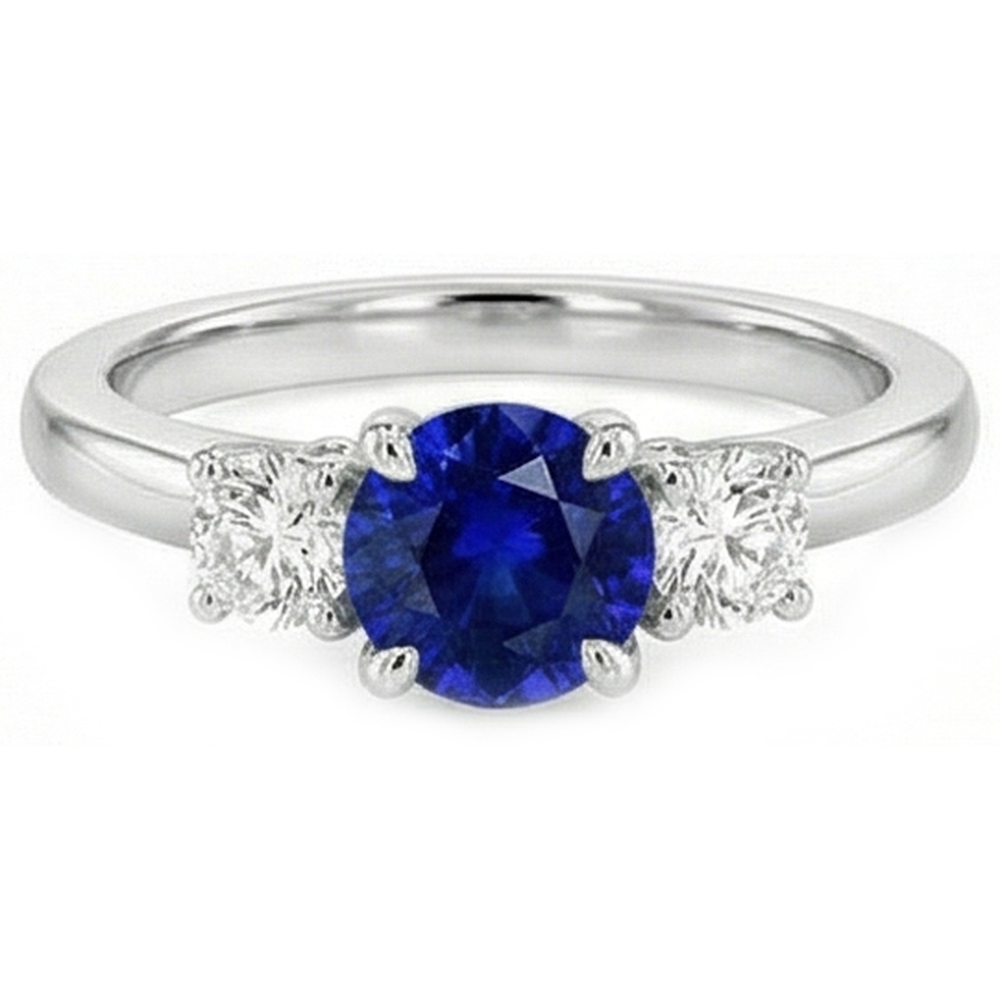 White Gold Three Stone Ceylon Sapphire Ring & Round Natural Earth Mined Diamonds 2 Carats
