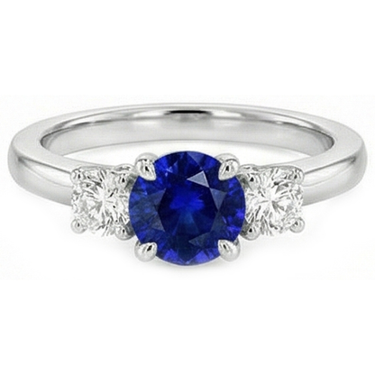 White Gold Three Stone Ceylon Sapphire Ring & Round Natural Earth Mined Diamonds 2 Carats
