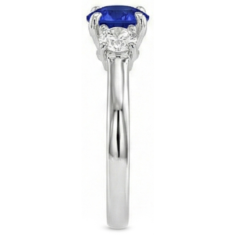 White Gold Three Stone Ceylon Sapphire Ring & Round Natural Earth Mined Diamonds 2 Carats