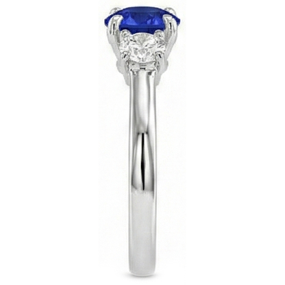 White Gold Three Stone Ceylon Sapphire Ring & Round Natural Earth Mined Diamonds 2 Carats