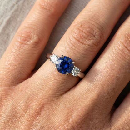 White Gold Three Stone Ceylon Sapphire Ring & Round Natural Earth Mined Diamonds 2 Carats