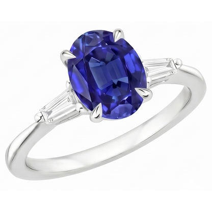 White Gold Three Stone Ring Ceylon Sapphire & Natural Earth Mined Diamonds 2.50 Carats