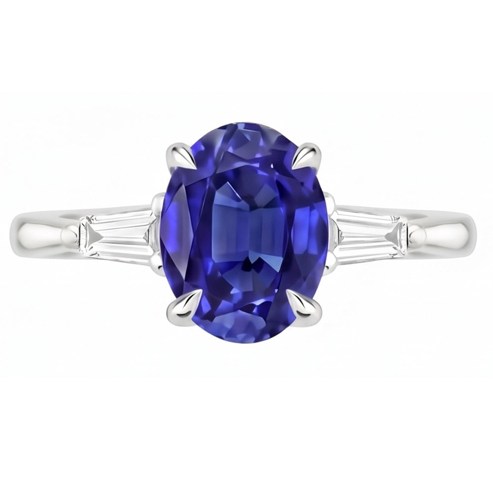 White Gold Three Stone Ring Ceylon Sapphire & Natural Earth Mined Diamonds 2.50 Carats