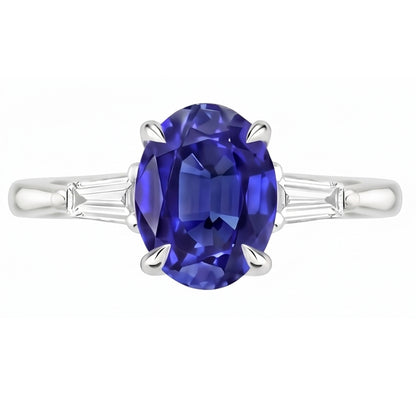 White Gold Three Stone Ring Ceylon Sapphire & Natural Earth Mined Diamonds 2.50 Carats
