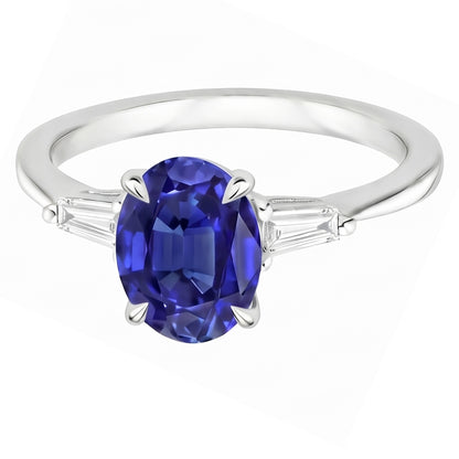 White Gold Three Stone Ring Ceylon Sapphire & Natural Earth Mined Diamonds 2.50 Carats