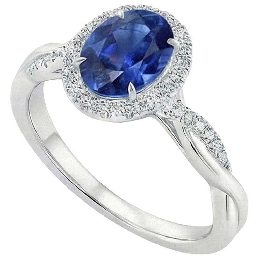 White Natural Earth Mined Diamond Halo Ring Blue Sapphire Twisted Shank 5 Carats