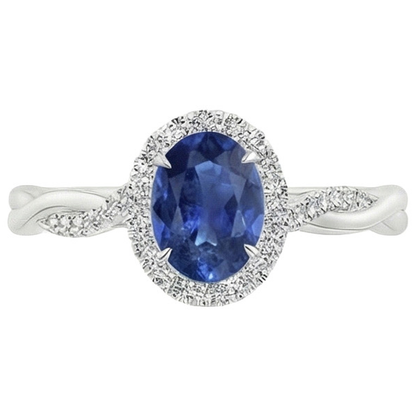 White Natural Earth Mined Diamond Halo Ring Blue Sapphire Twisted Shank 5 Carats