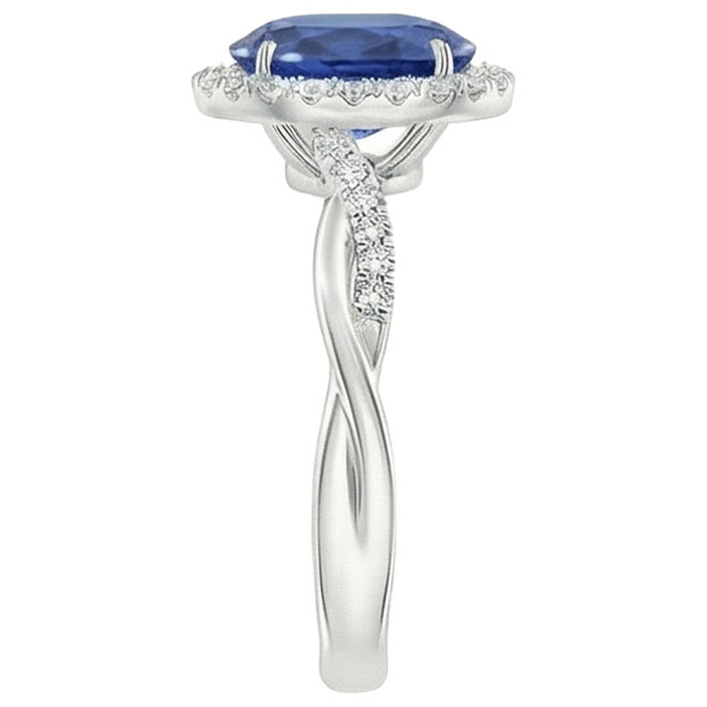 White Natural Earth Mined Diamond Halo Ring Blue Sapphire Twisted Shank 5 Carats