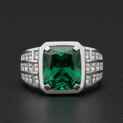 White Gold 10K Big Radiant Cut Lab Grown Green Emerald Men's Ring Jewelry