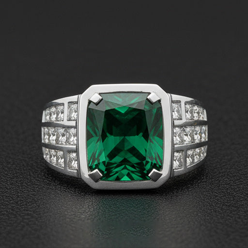 White Gold 10K Big Radiant Cut Lab Grown Green Emerald Men's Ring Jewelry