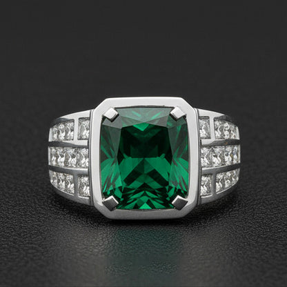 White Gold 10K Big Radiant Cut Lab Grown Green Emerald Men's Ring Jewelry