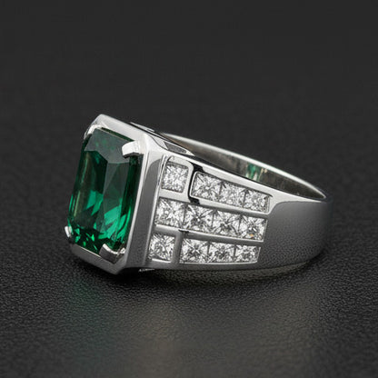 White Gold 10K Big Radiant Cut Lab Grown Green Emerald Men's Ring Jewelry