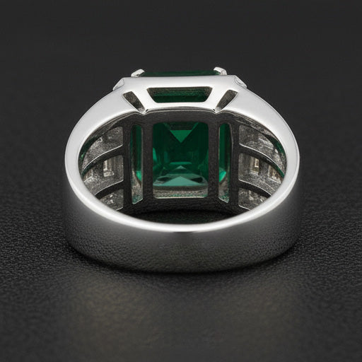 White Gold 10K Big Radiant Cut Lab Grown Green Emerald Men's Ring Jewelry