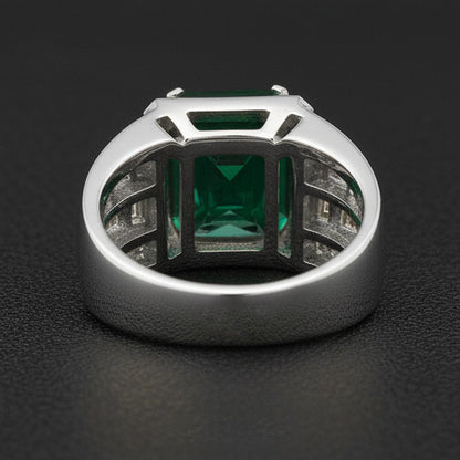 White Gold 10K Big Radiant Cut Lab Grown Green Emerald Men's Ring Jewelry