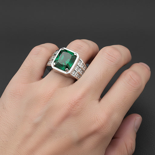 White Gold 10K Big Radiant Cut Lab Grown Green Emerald Men's Ring Jewelry