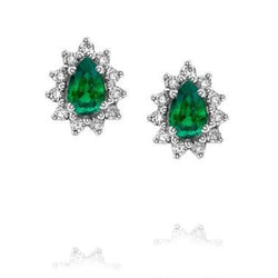 White Gold 14K Prong Set 7 Carats Green Emerald Diamond Stud Halo Earring