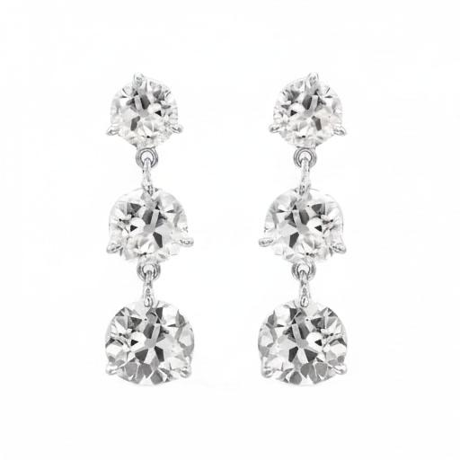 White Gold 3 Stone Real Natural Earth Mined Diamond Drop Earrings Round Old Mine Cut 6 Carats