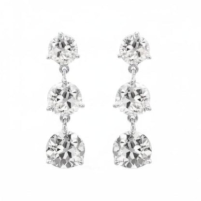 White Gold 3 Stone Real Natural Earth Mined Diamond Drop Earrings Round Old Mine Cut 6 Carats