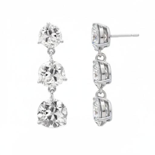 White Gold 3 Stone Real Natural Earth Mined Diamond Drop Earrings Round Old Mine Cut 6 Carats