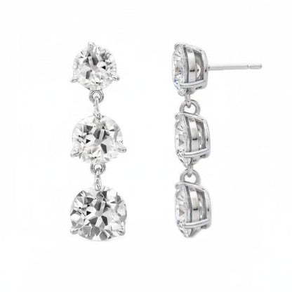 White Gold 3 Stone Real Natural Earth Mined Diamond Drop Earrings Round Old Mine Cut 6 Carats