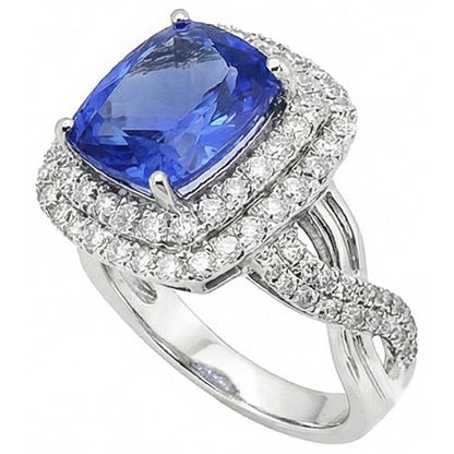 White Gold 4.50 Carats Cushion Ceylon Sapphire Natural Earth Mined Diamond Gemstone Ring