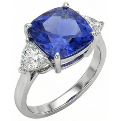 White Gold Cushion Ceylon Blue Sapphire Natural Earth Mined Diamond 3 Carats 3-Stone Ring