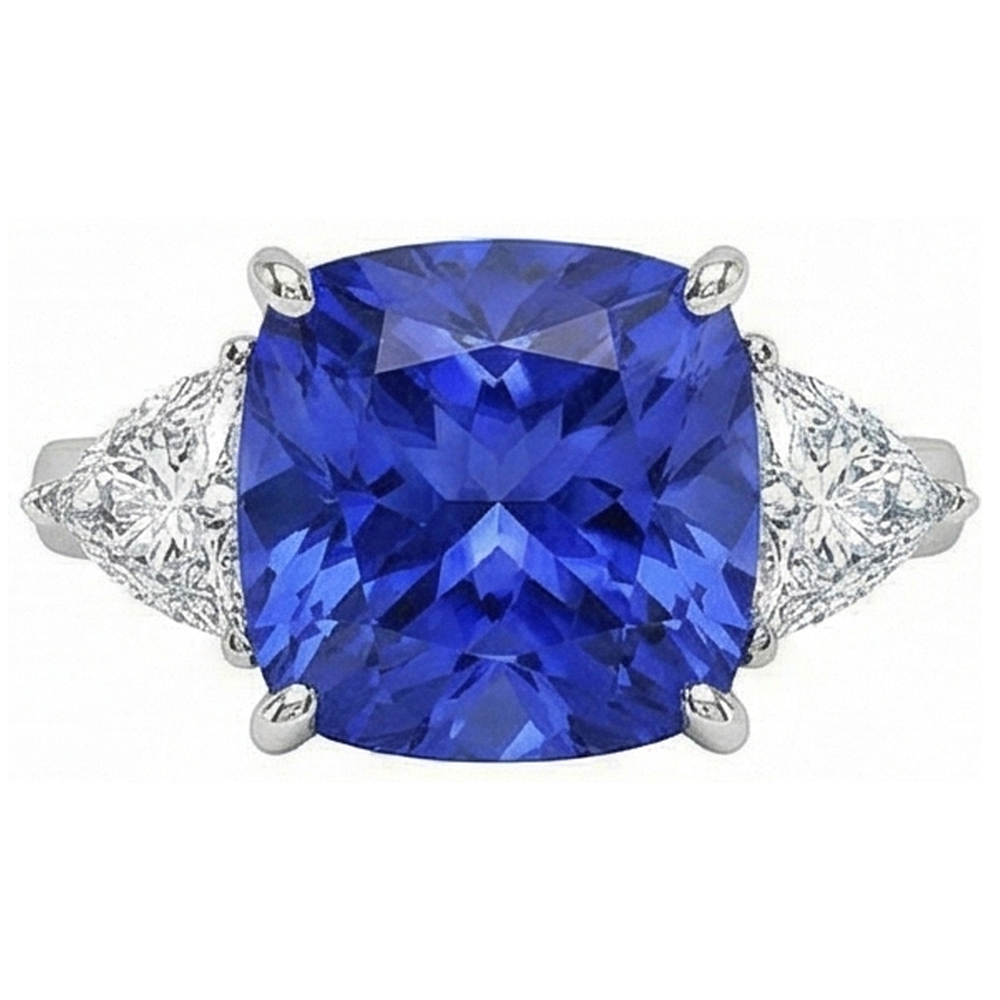 White Gold Cushion Ceylon Blue Sapphire Natural Earth Mined Diamond 3 Carats 3-Stone Ring