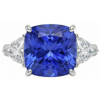 White Gold Cushion Ceylon Blue Sapphire Natural Earth Mined Diamond 3 Carats 3-Stone Ring