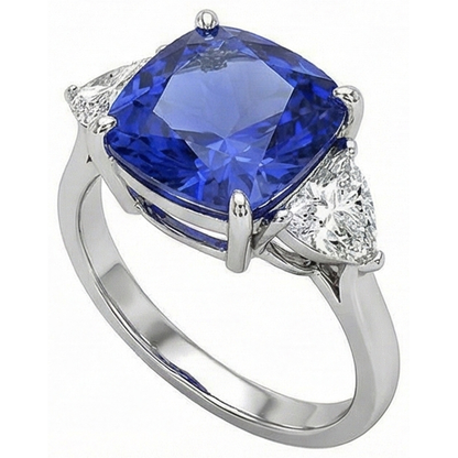 White Gold Cushion Ceylon Blue Sapphire Natural Earth Mined Diamond 3 Carats 3-Stone Ring