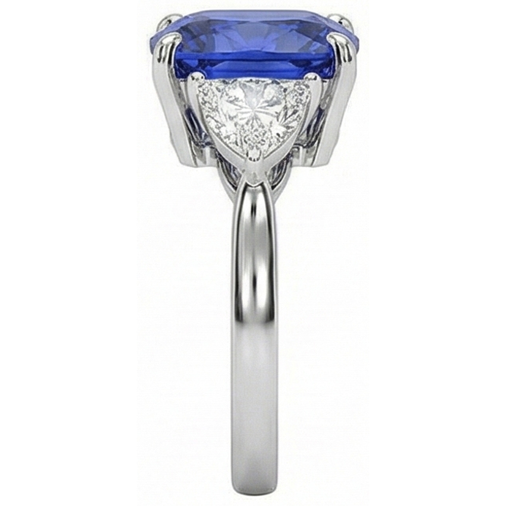 White Gold Cushion Ceylon Blue Sapphire Natural Earth Mined Diamond 3 Carats 3-Stone Ring