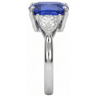 White Gold Cushion Ceylon Blue Sapphire Natural Earth Mined Diamond 3 Carats 3-Stone Ring