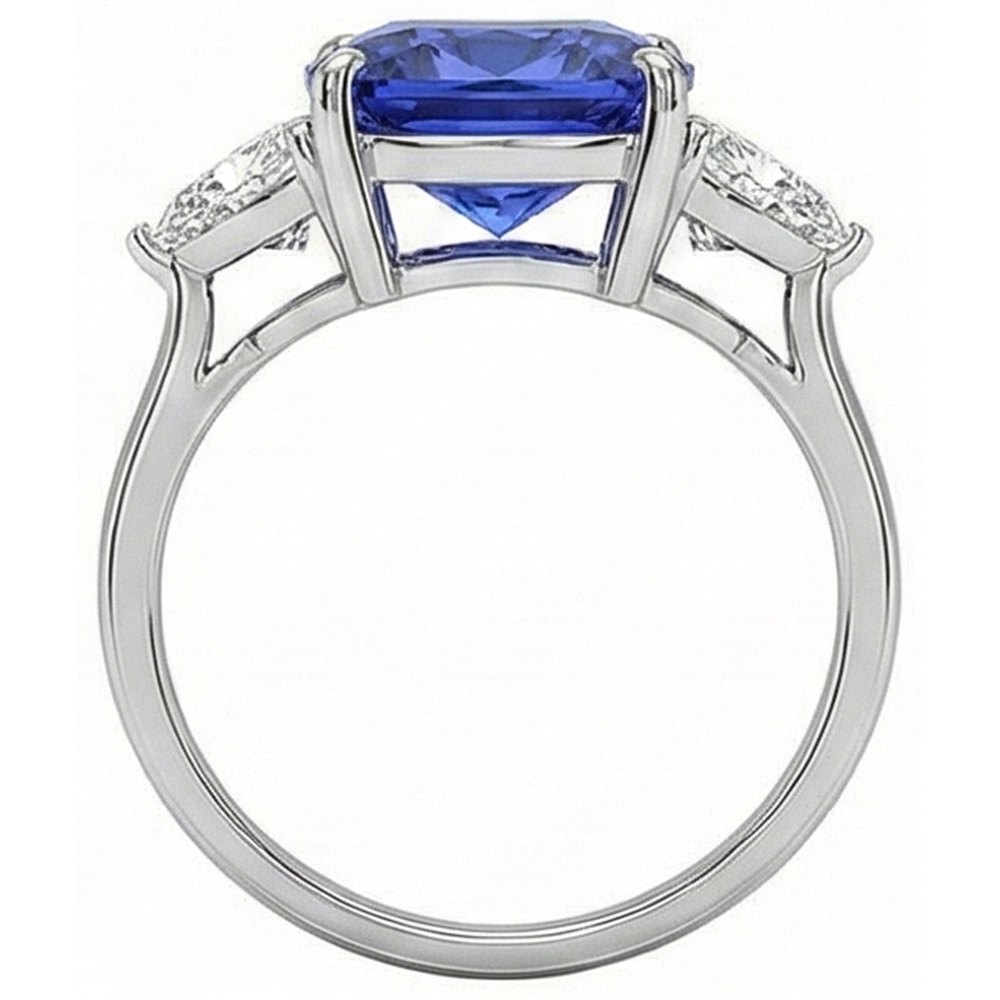 White Gold Cushion Ceylon Blue Sapphire Natural Earth Mined Diamond 3 Carats 3-Stone Ring