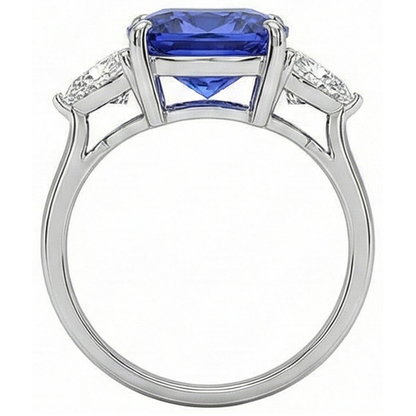 White Gold Cushion Ceylon Blue Sapphire Natural Earth Mined Diamond 3 Carats 3-Stone Ring