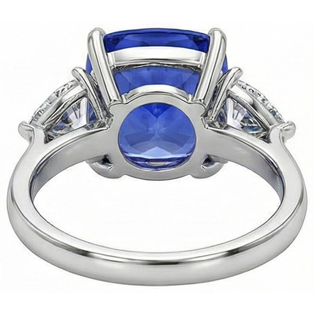 White Gold Cushion Ceylon Blue Sapphire Natural Earth Mined Diamond 3 Carats 3-Stone Ring