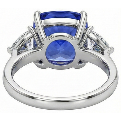 White Gold Cushion Ceylon Blue Sapphire Natural Earth Mined Diamond 3 Carats 3-Stone Ring