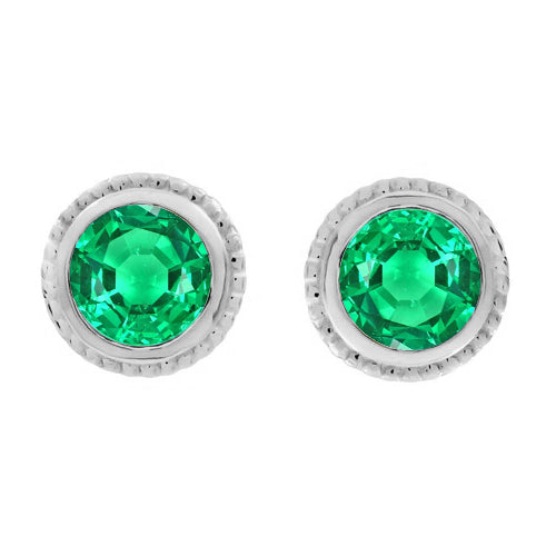 White Gold Green Emerald Earrings Bezel Set Women Studs