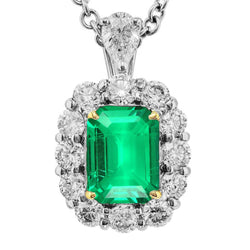 Natural Real ( Not Lab Grown ) White Gold Green Emerald GIA Halo Diamond Pendant Prong Setting