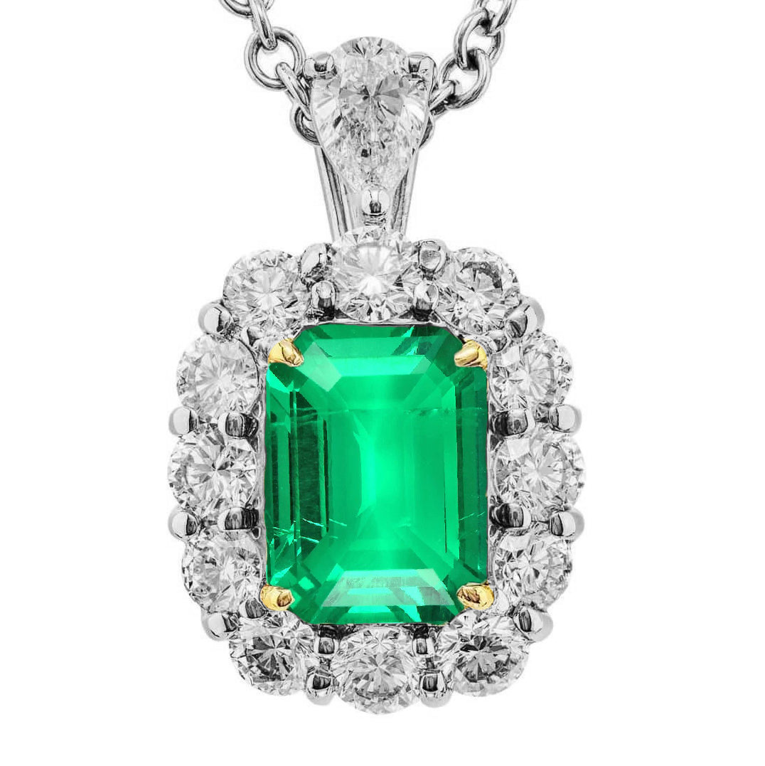 White Gold Green Emerald Halo Diamond Pendant Prong Setting
