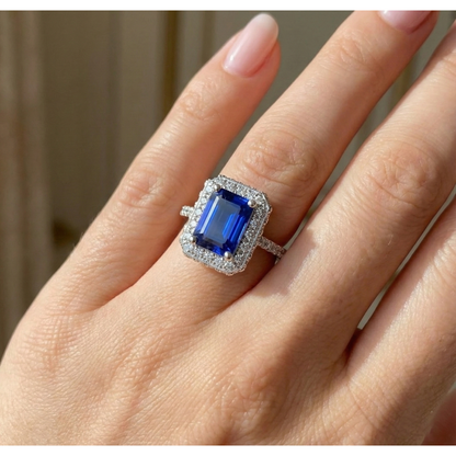 White Gold Halo Ring Emerald Ceylon Sapphire & Natural Earth Mined Diamond 4.25 Carats