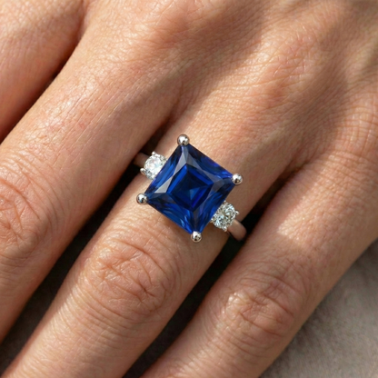 White Gold Natural Earth Mined Diamond Ring Princess Ceylon Sapphire 3 Stone 5.50 Carats