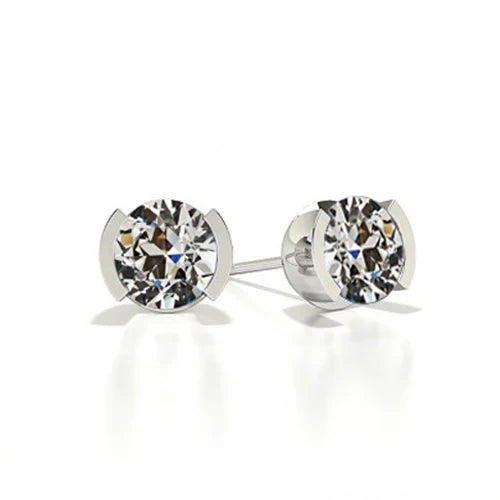 White Gold Stud Earrings 2 Carats Old Cut Round Earth Mined Diamond