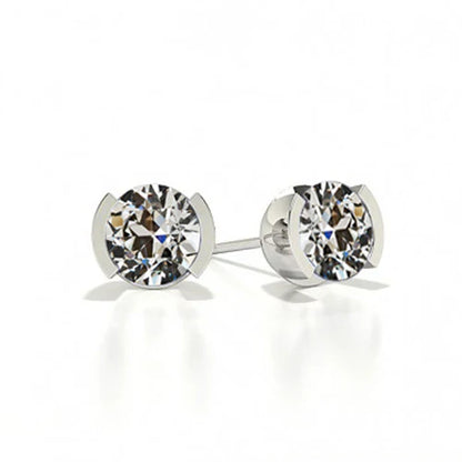 White Gold Stud Earrings 2 Carats Old Cut Round Earth Mined Diamond