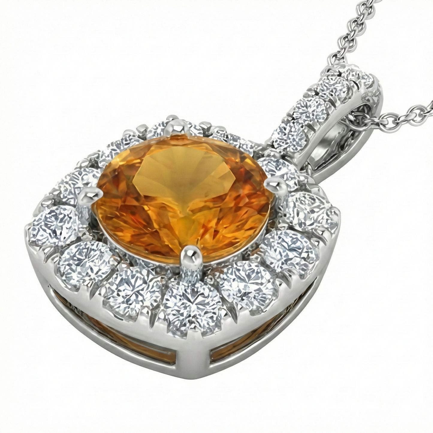 White Gold 11 Ct Halo Madeira Citrine & Natural Earth Mined Diamonds Pendant Prong Set