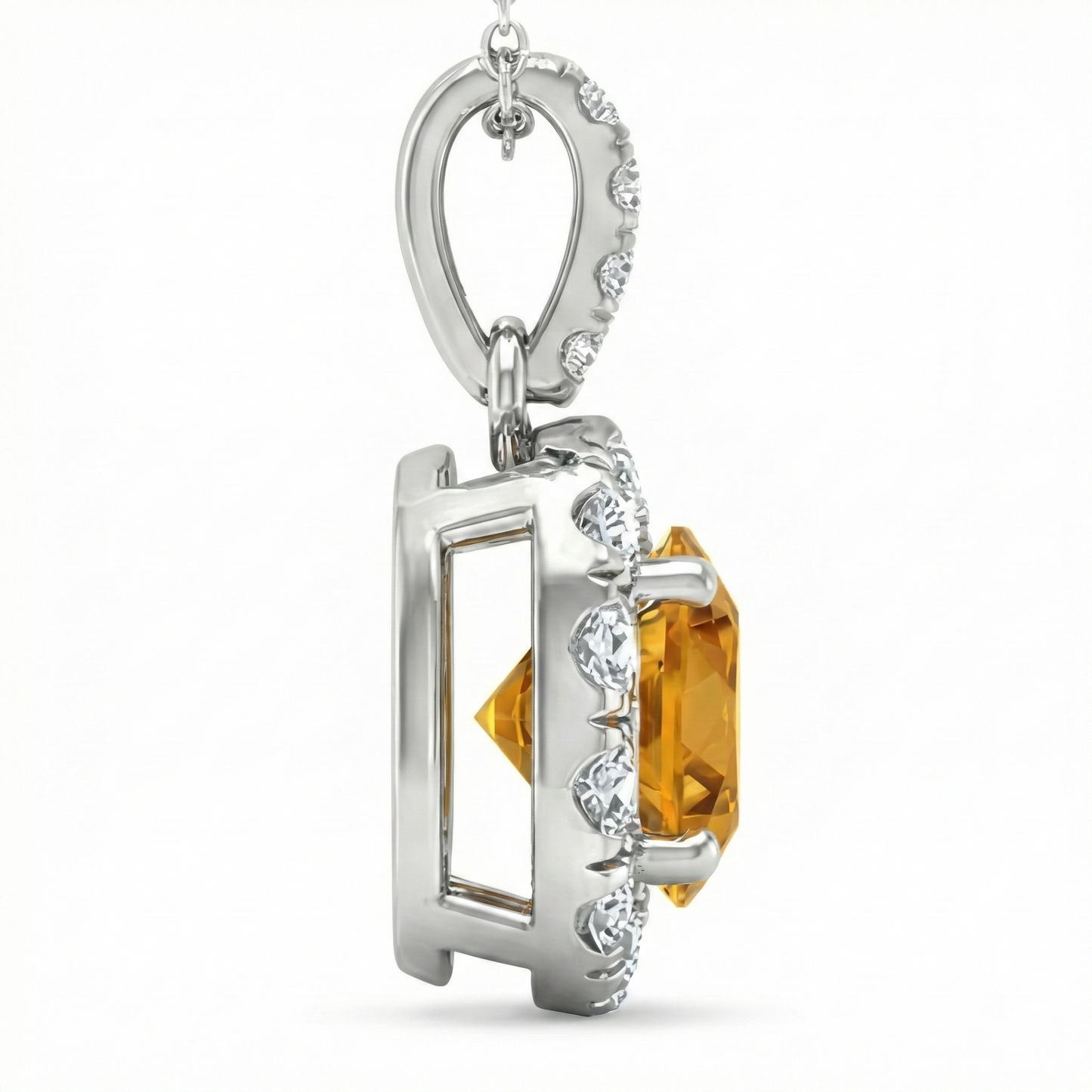 White Gold 11 Ct Halo Madeira Citrine & Natural Earth Mined Diamonds Pendant Prong Set