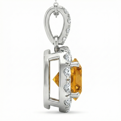 White Gold 11 Ct Halo Madeira Citrine & Natural Earth Mined Diamonds Pendant Prong Set