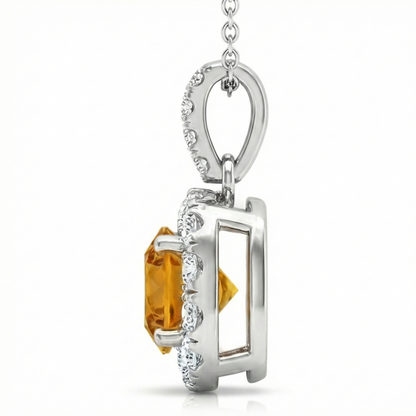 White Gold 11 Ct Halo Madeira Citrine & Natural Earth Mined Diamonds Pendant Prong Set