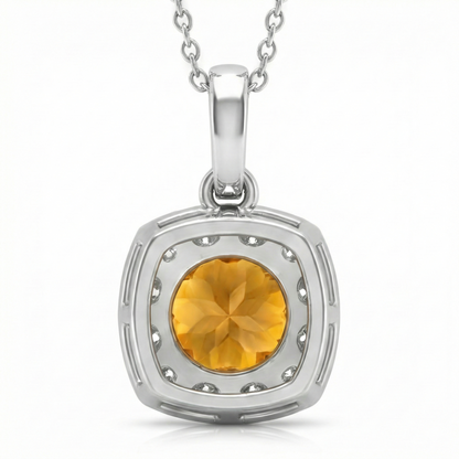 White Gold 11 Ct Halo Madeira Citrine & Natural Earth Mined Diamonds Pendant Prong Set