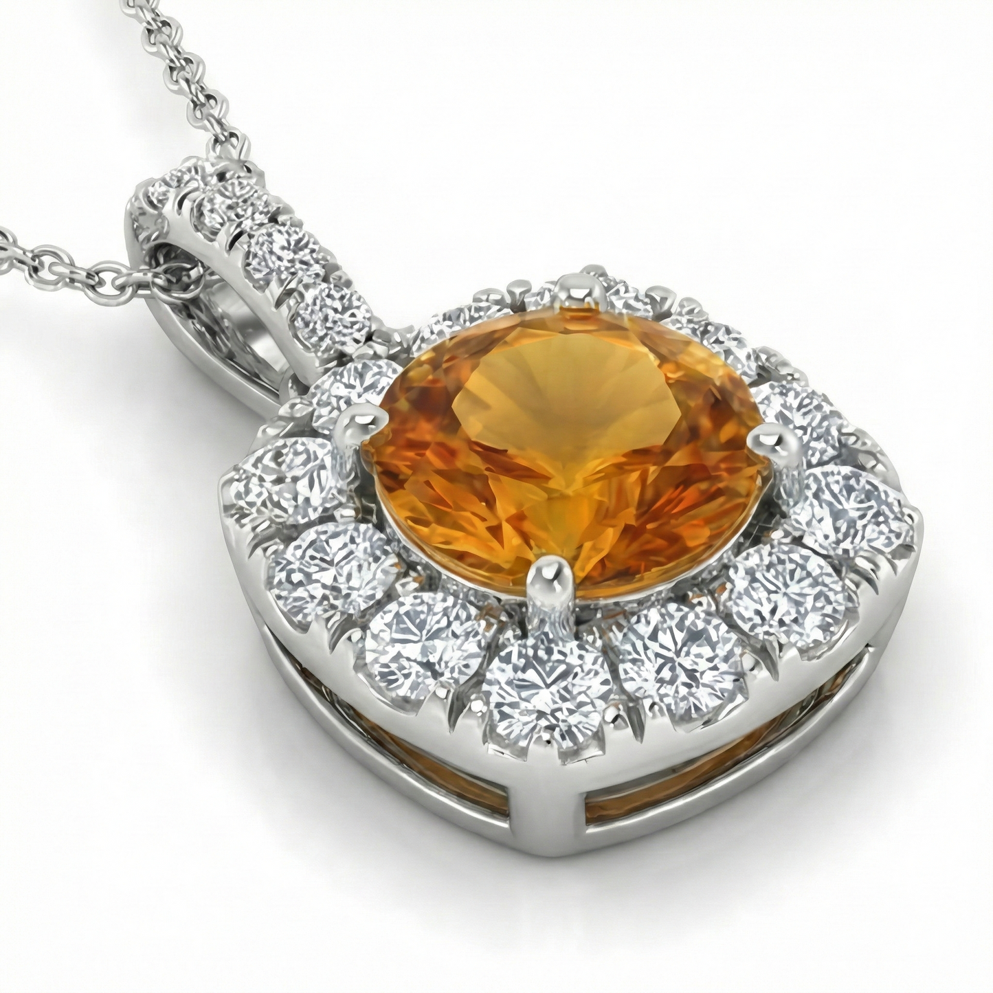 White Gold 11 Ct Halo Madeira Citrine & Natural Earth Mined Diamonds Pendant Prong Set